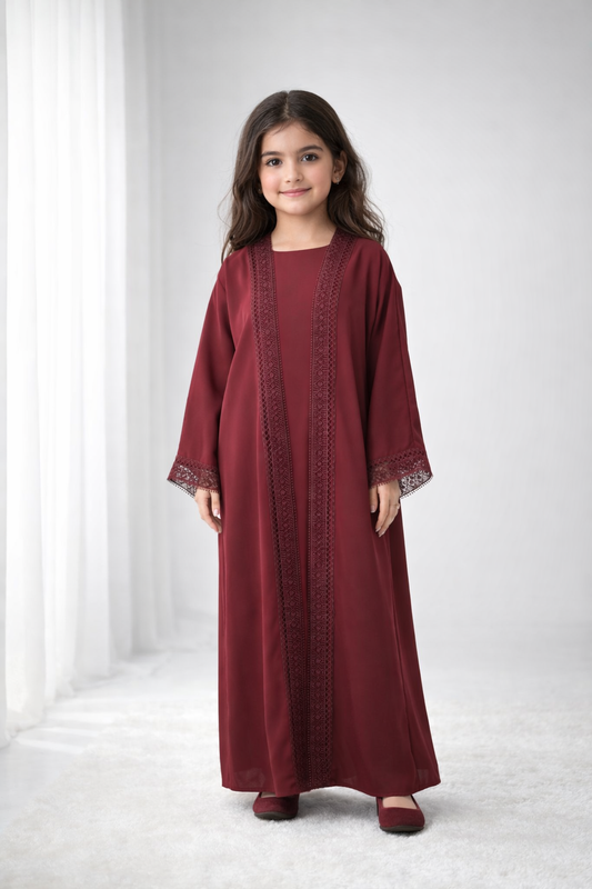Maroon Nida Kids Abaya with Lace Front & Cuffs – Elegant Girls Modest Wear