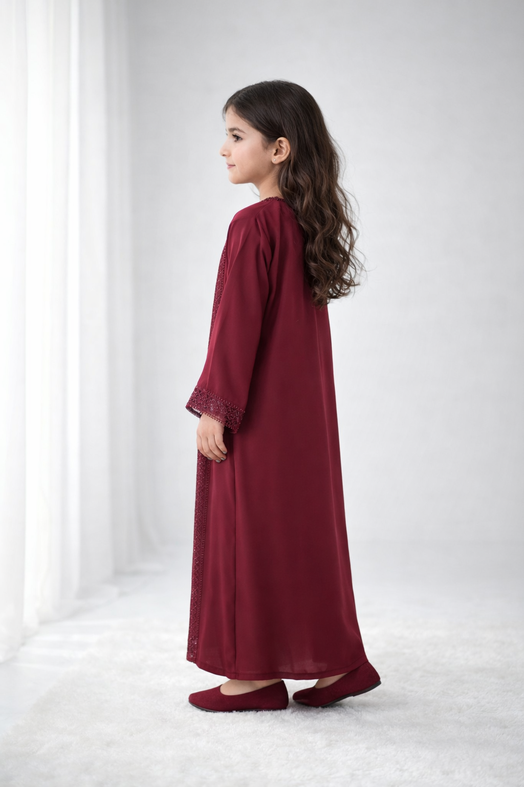 Maroon Nida Kids Abaya with Lace Front & Cuffs – Elegant Girls Modest Wear