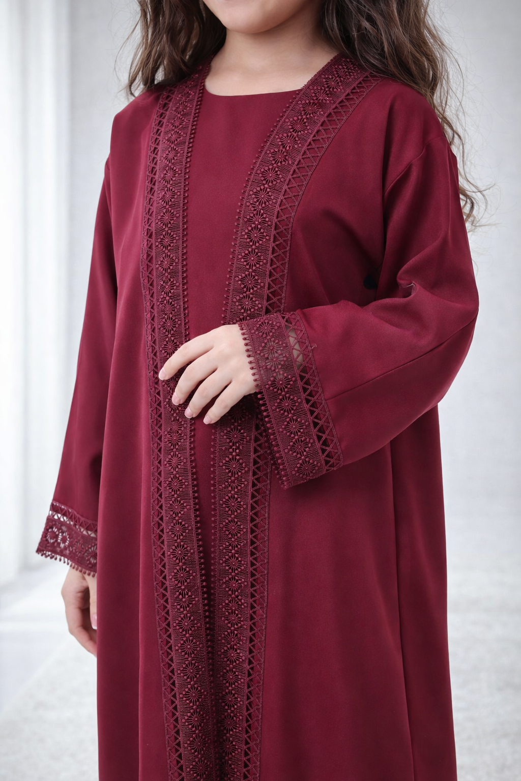Maroon Nida Kids Abaya with Lace Front & Cuffs – Elegant Girls Modest Wear