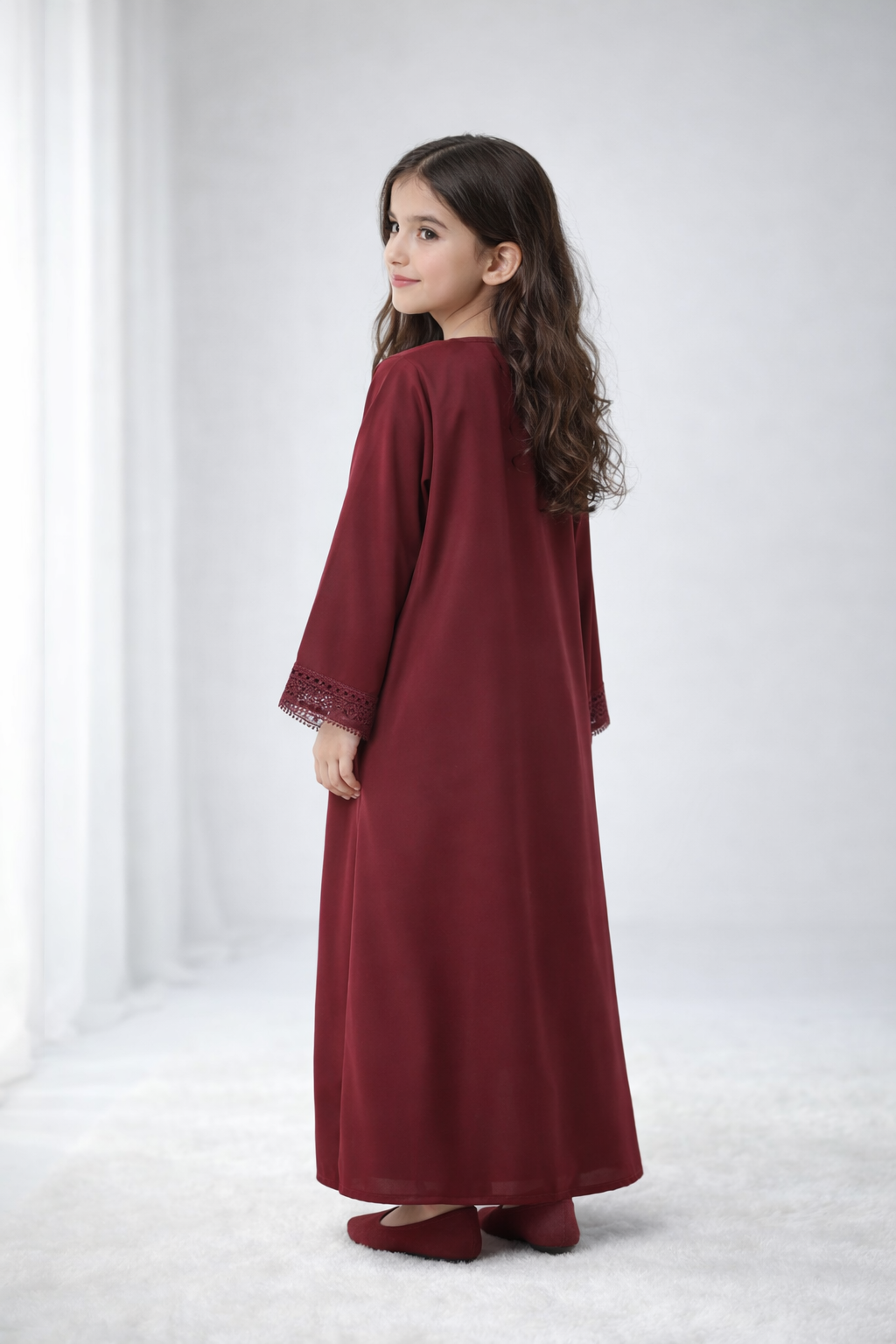 Maroon Nida Kids Abaya with Lace Front & Cuffs – Elegant Girls Modest Wear