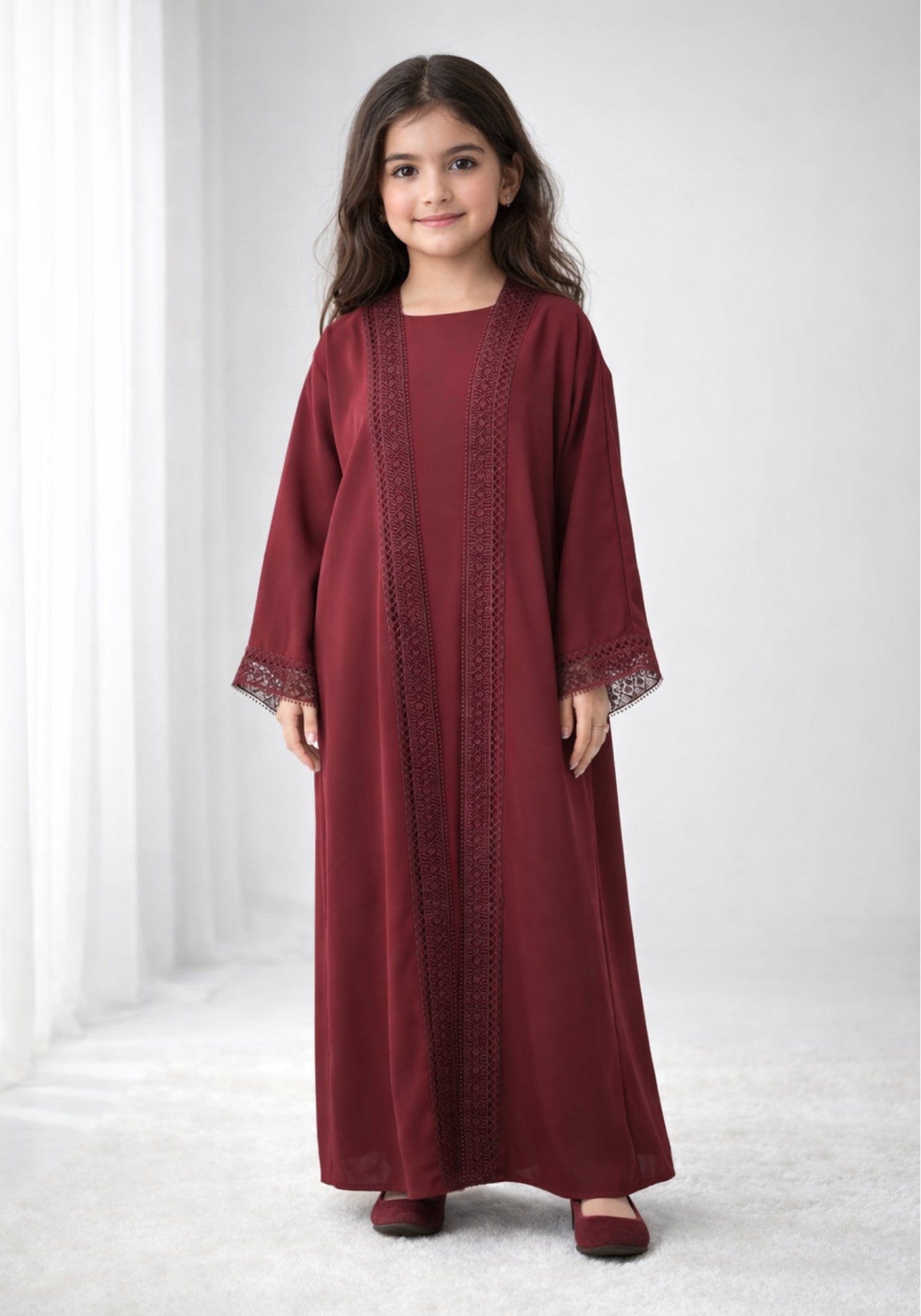 Maroon Nida Kids Abaya with Lace Front & Cuffs – Elegant Girls Modest Wear