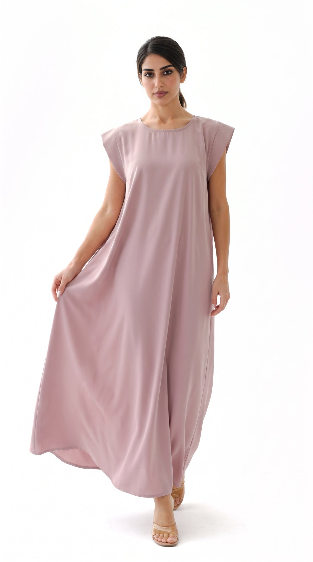 Dusty Mauve Nida under abaya dress, front view