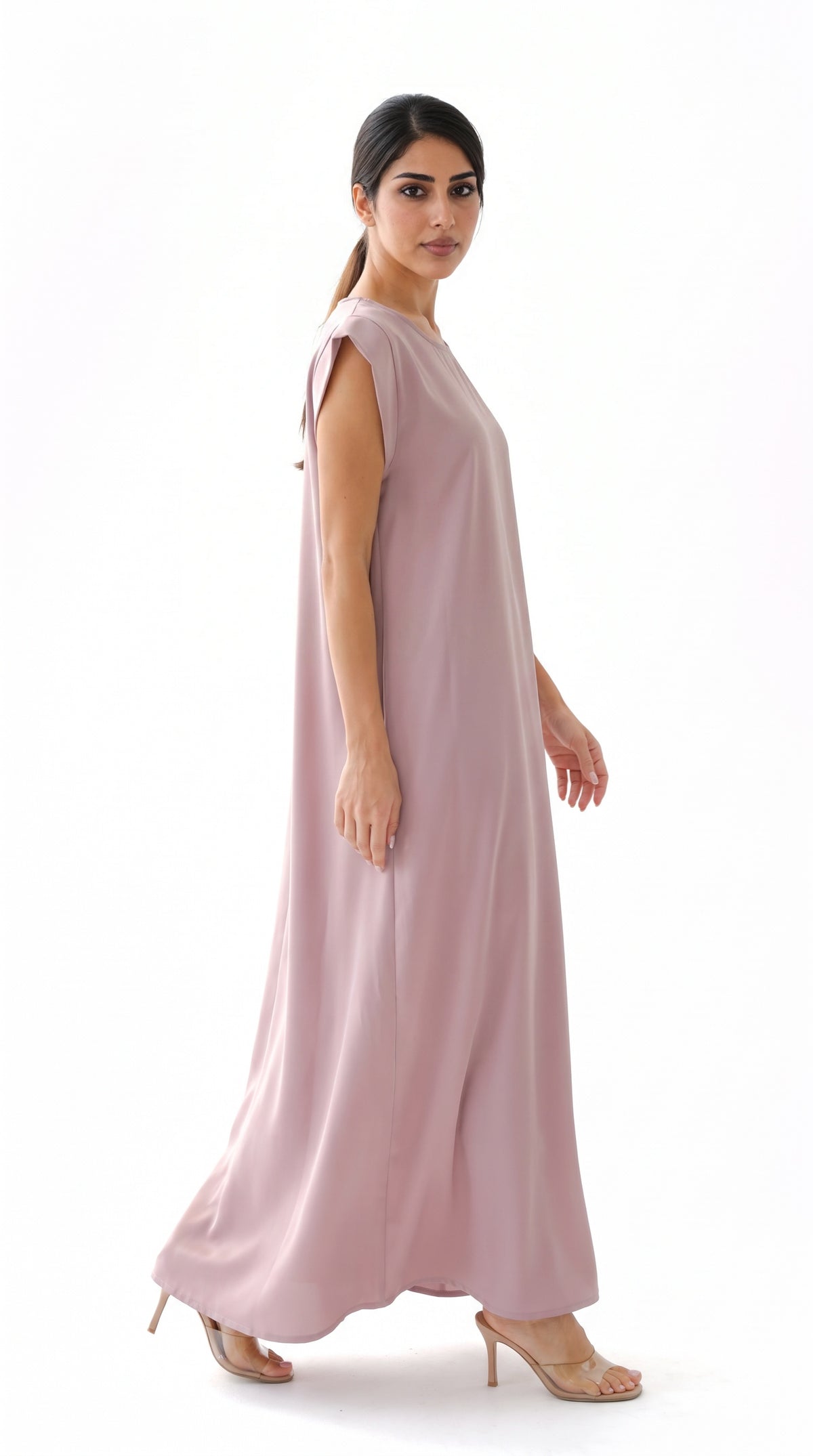 Dusty Mauve Nida under abaya dress, side view