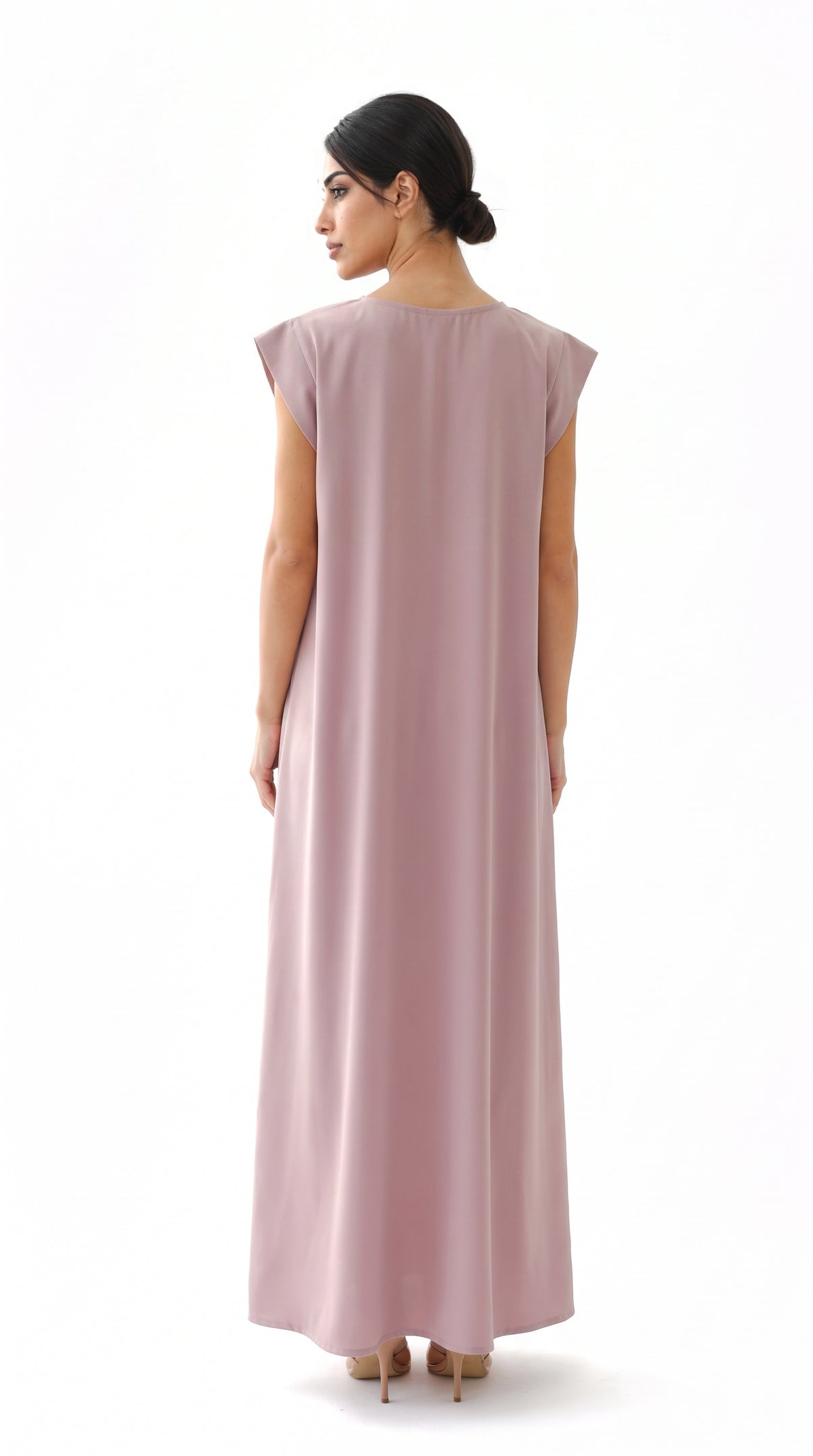 Dusty Mauve Nida under abaya dress, back view