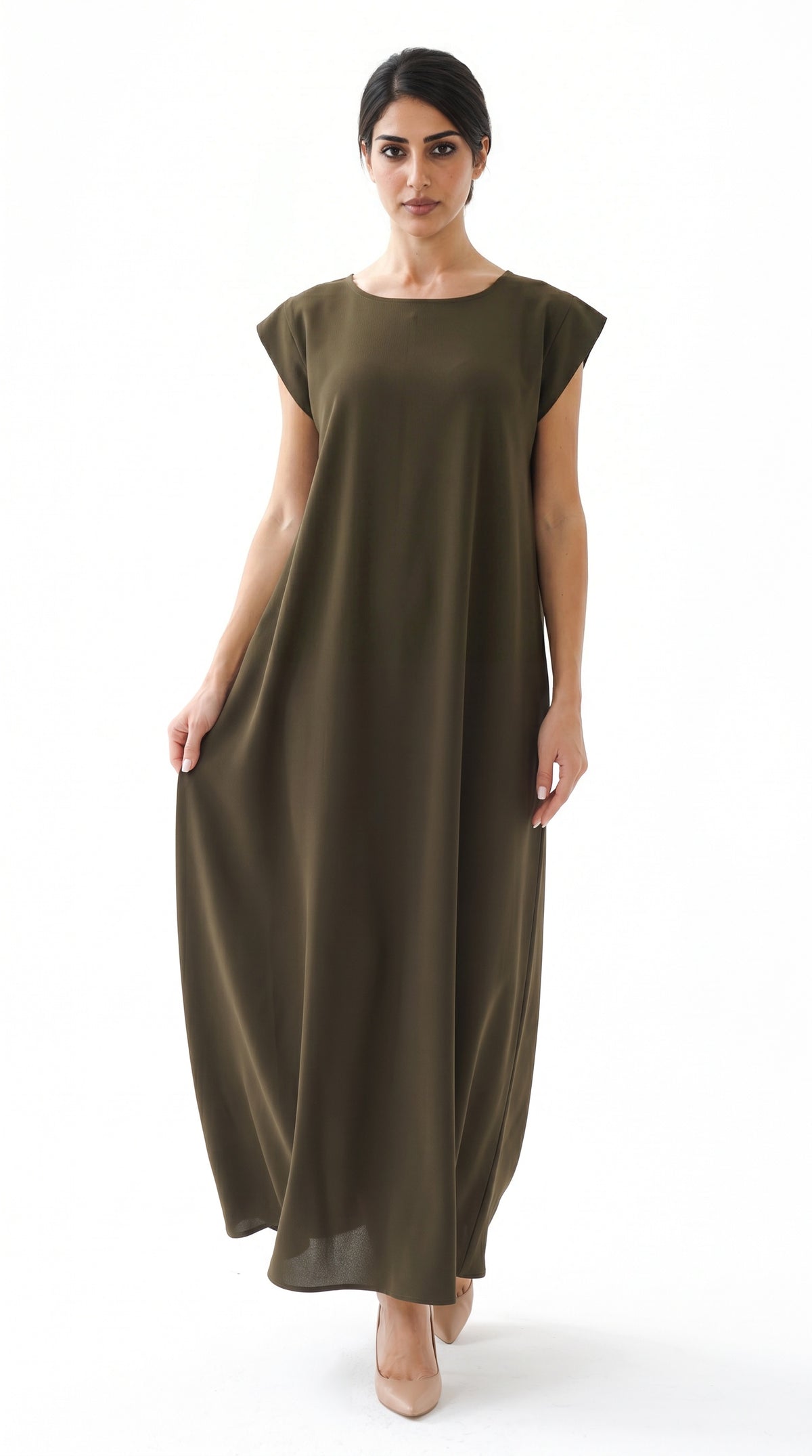 Olive Nida under abaya dress, front view