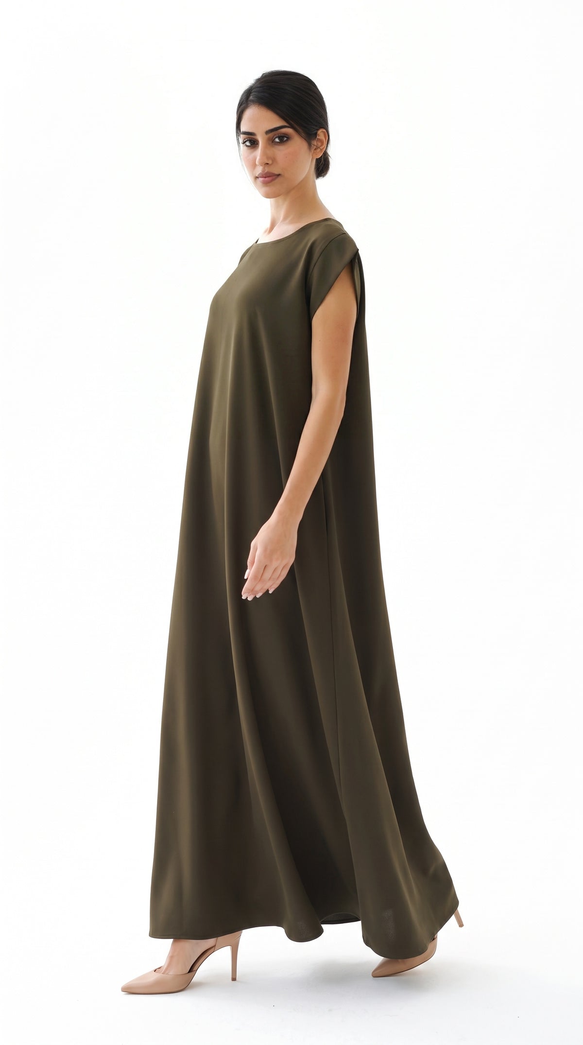 Olive Nida under abaya dress, side view
