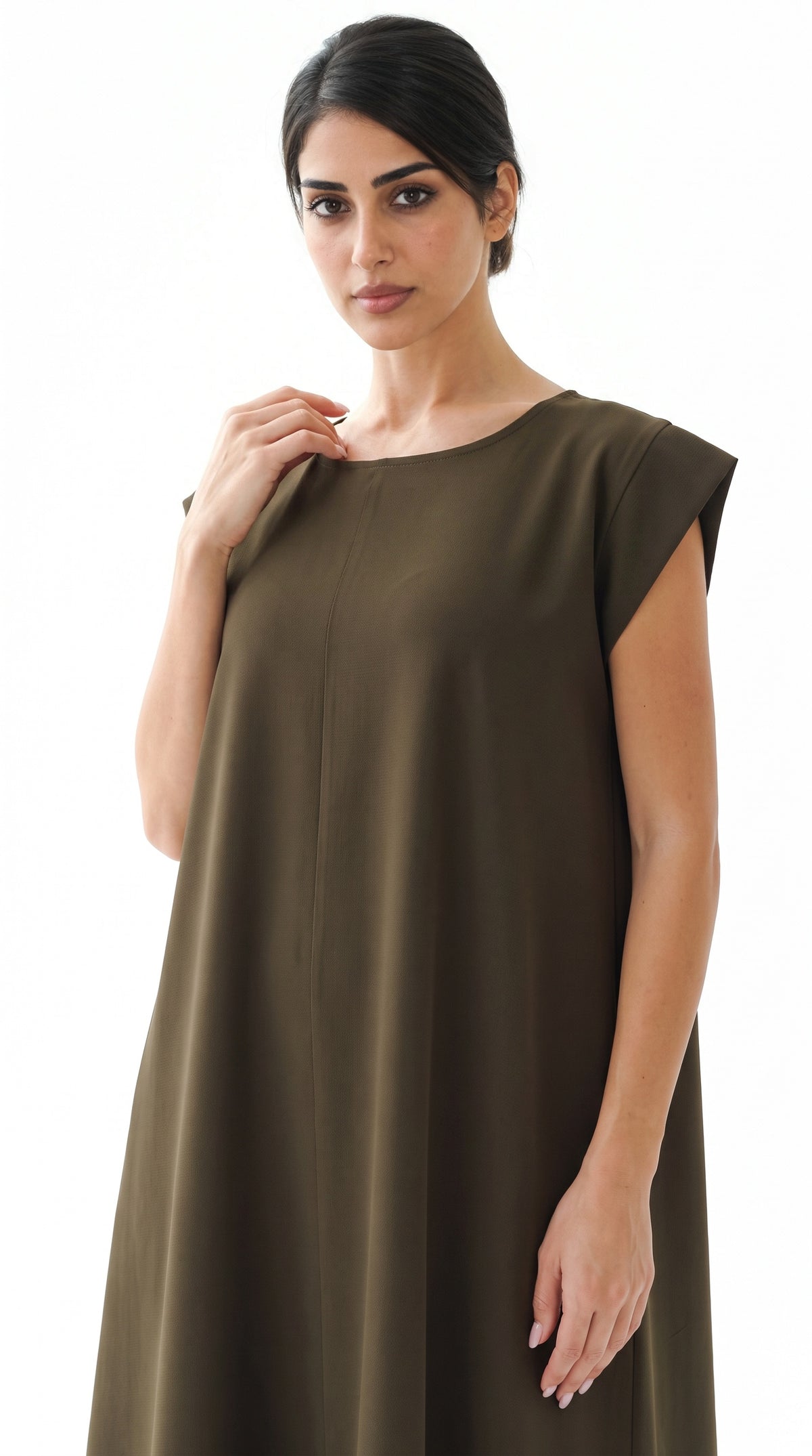 Olive Nida under abaya dress, neckline and cap shoulder close-up
