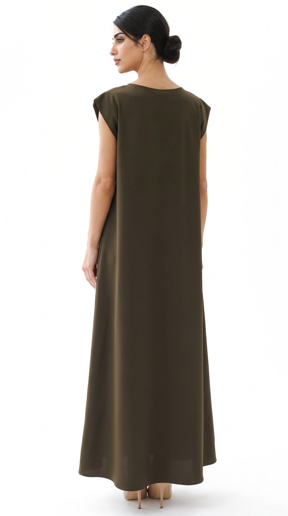 Olive Nida under abaya dress, back view