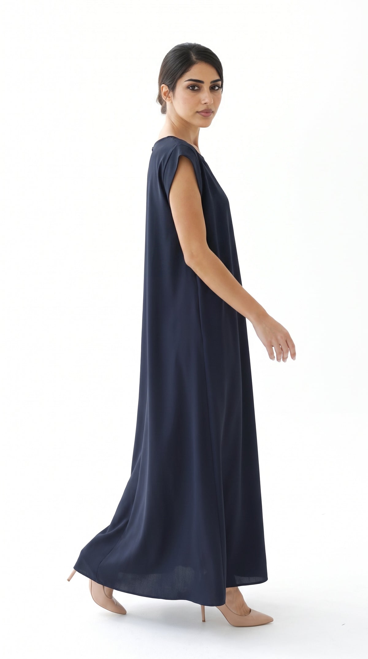 Navy Blue Nida under abaya dress, side view