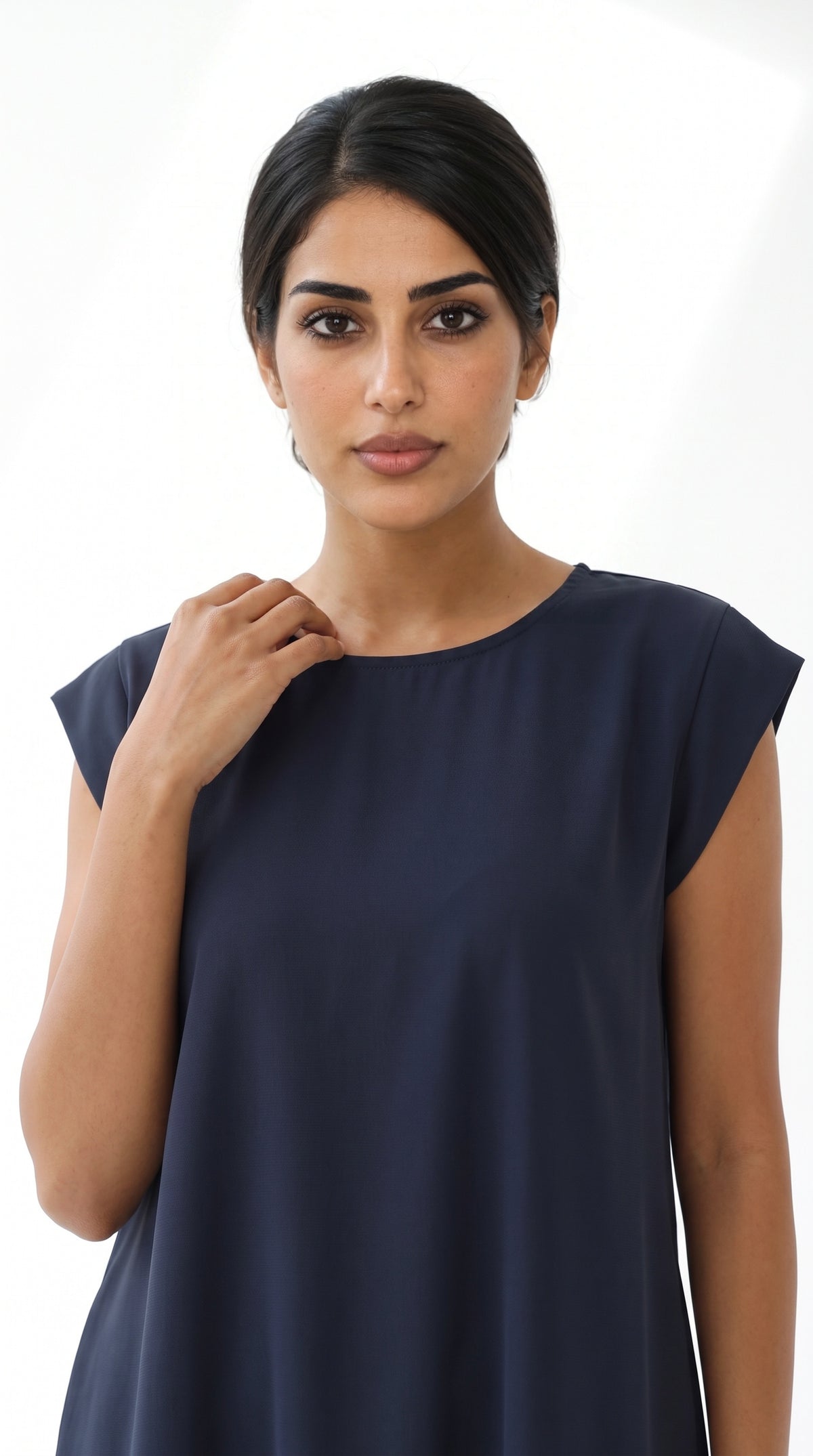 Navy Blue Nida under abaya dress, neckline and cap shoulder close-up