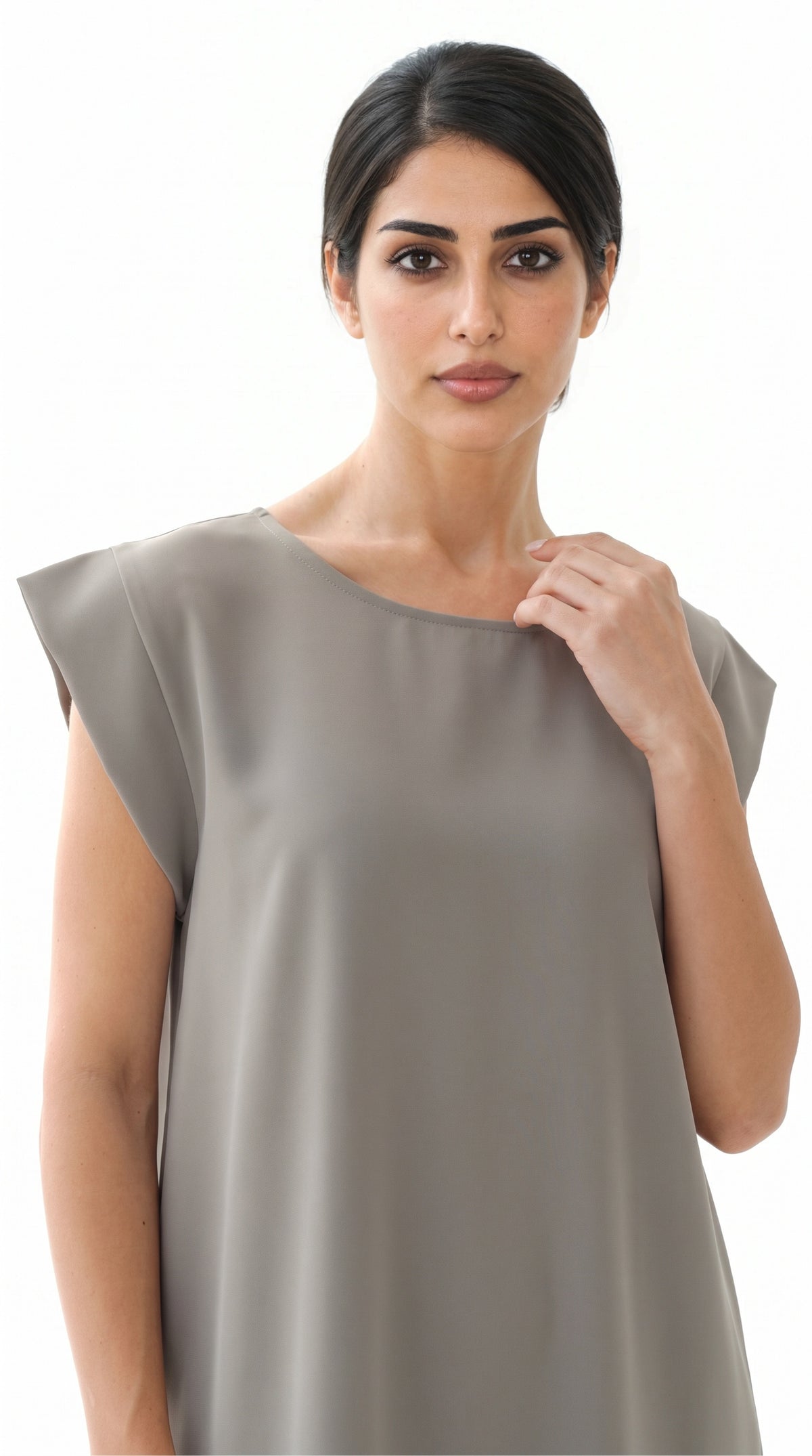 Sage Green Nida under abaya dress, neckline and cap shoulder close-up