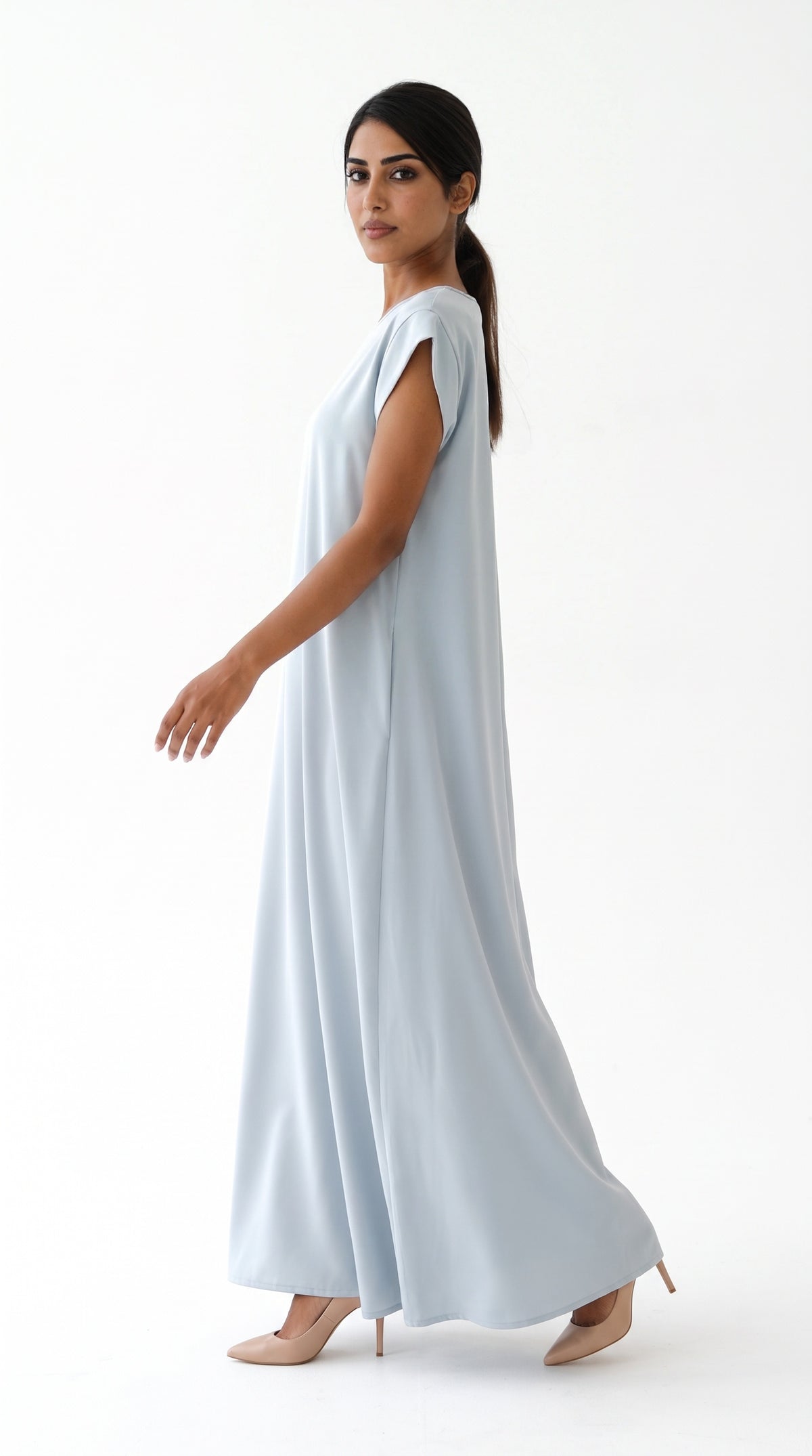 Sky Blue Nida under abaya dress, side view