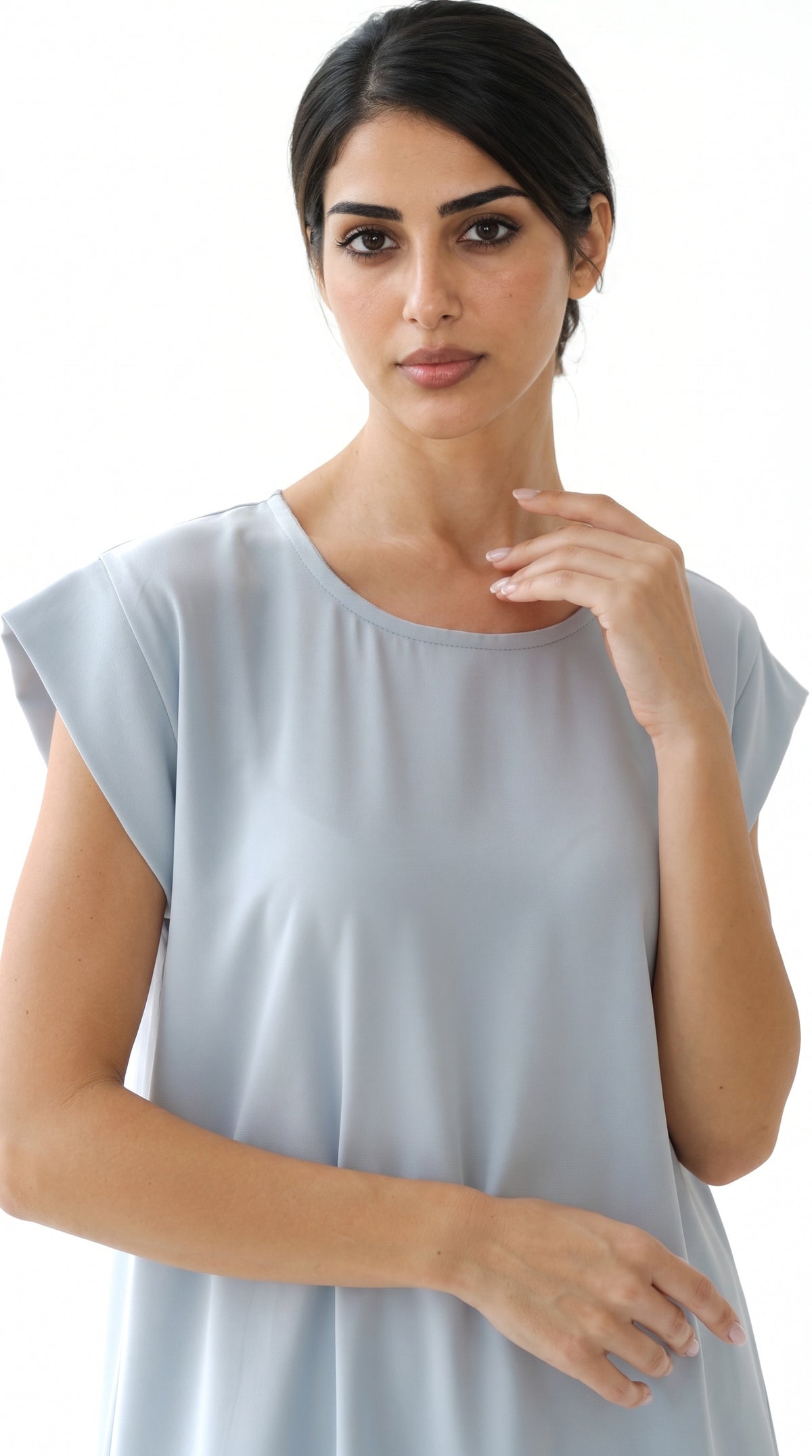 Sky Blue Nida under abaya dress, neckline and cap shoulder close-up