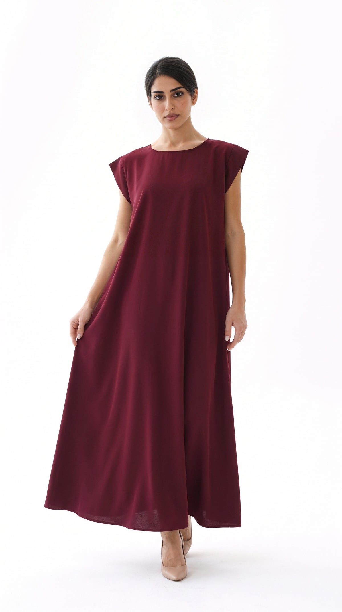Maroon Nida under abaya dress, front view