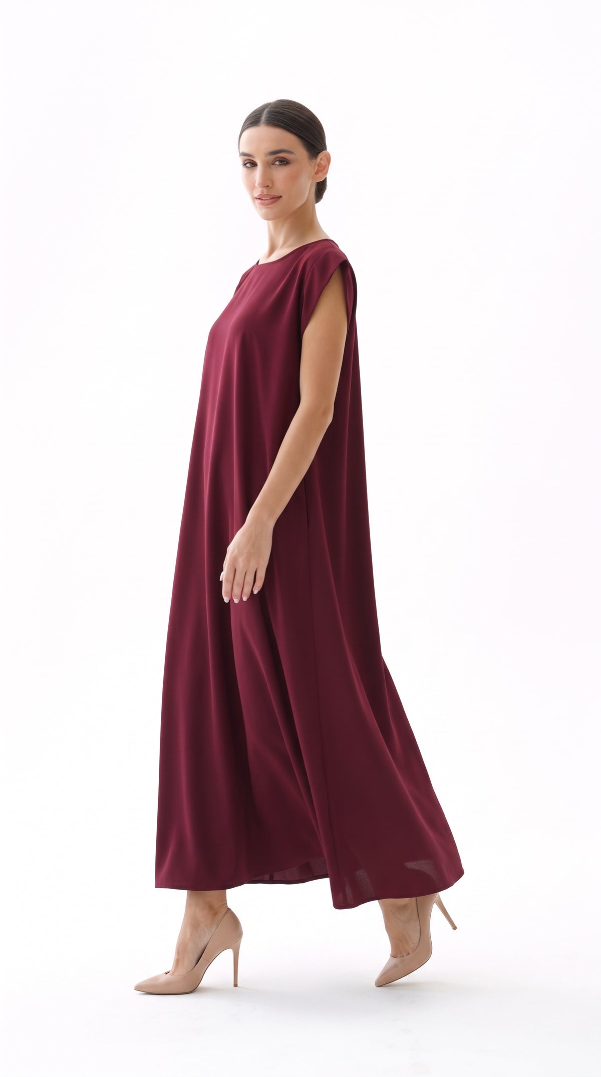 Maroon Nida under abaya dress, side view
