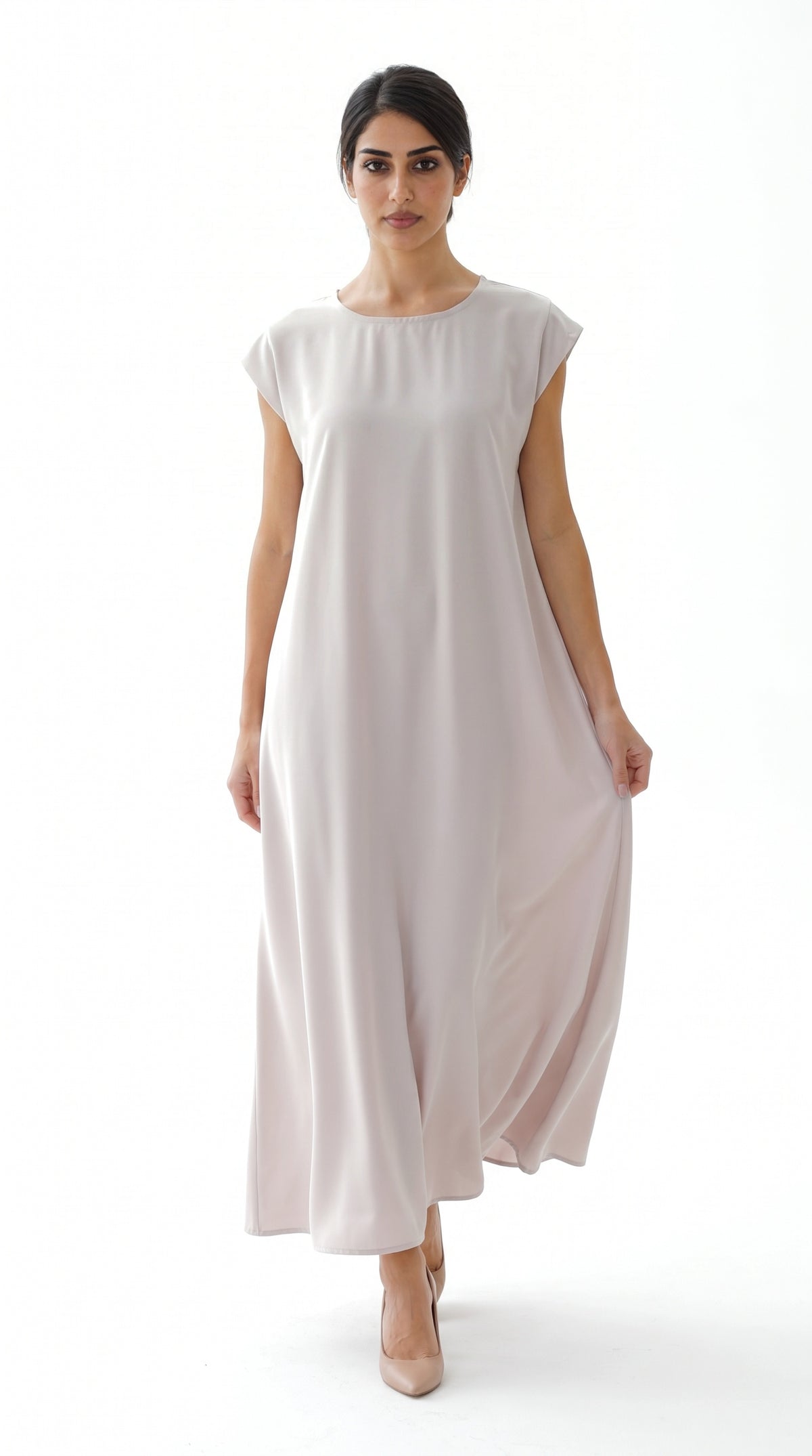 Nude Nida under abaya dress, front view