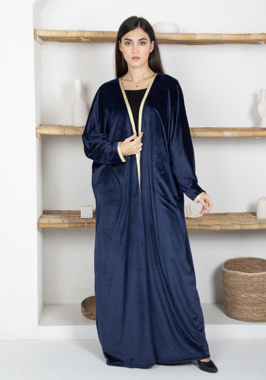 Navy Velvet Abaya with Golden Lace Borders & Matching Headscarf – Perfect for Winter