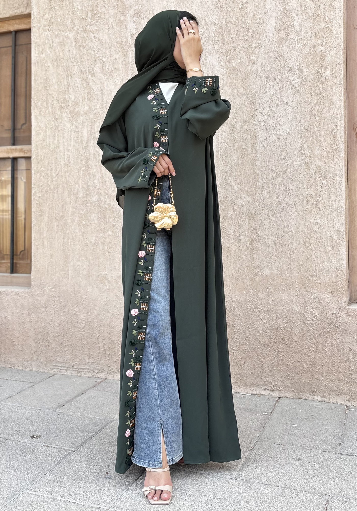 Hand-Embroidered Green Barbie Crepe Abaya with Headscarf | Made in UAE