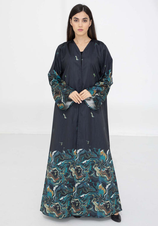 Black Taffeta Printed Open Abaya – Effortless Elegance