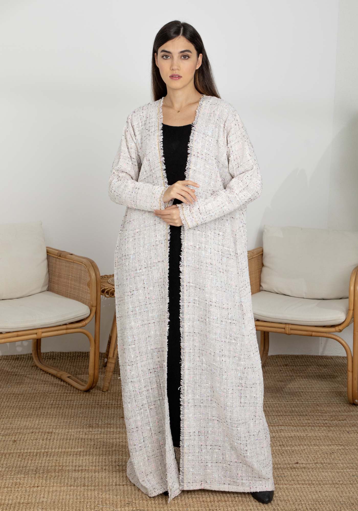 Off-White Winter Tweed Abaya with Multicolor Thread Details with Headscarf