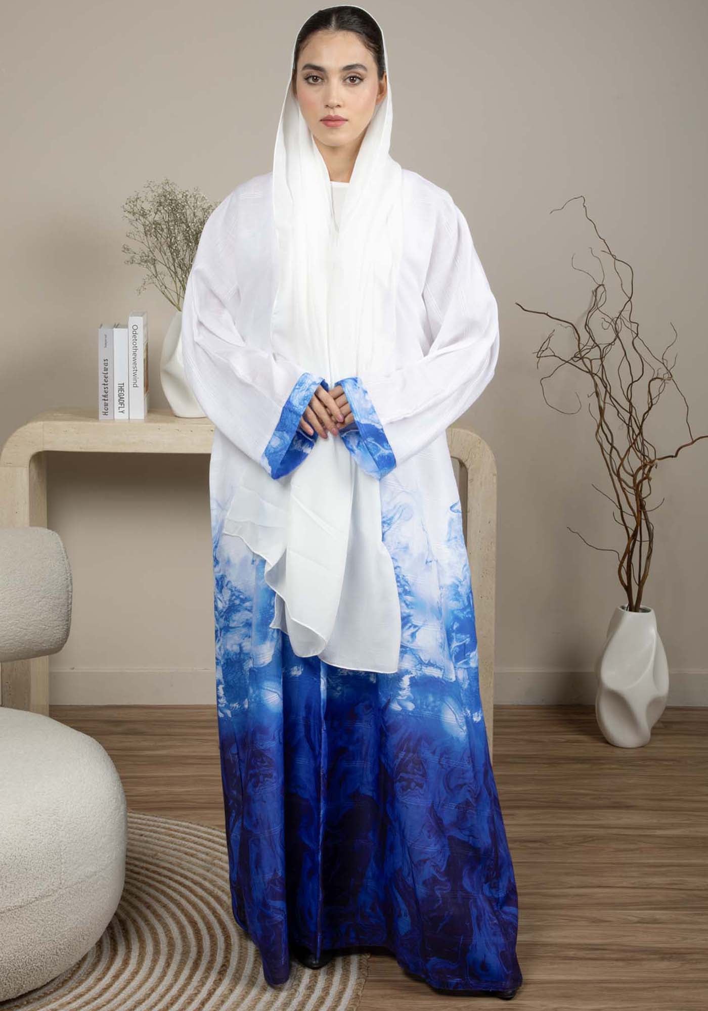 Linen Fabric Abaya with White and Blue Shades with Headscarf