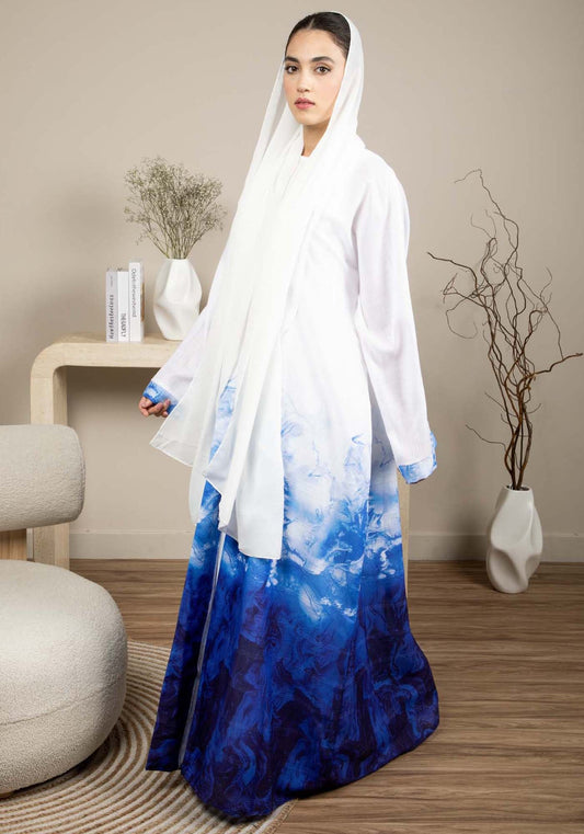 Linen Fabric Abaya with White and Blue Shades with Headscarf