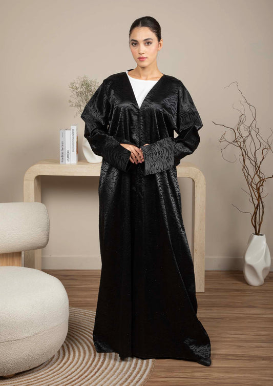 Front Open Black Jacquard Abaya