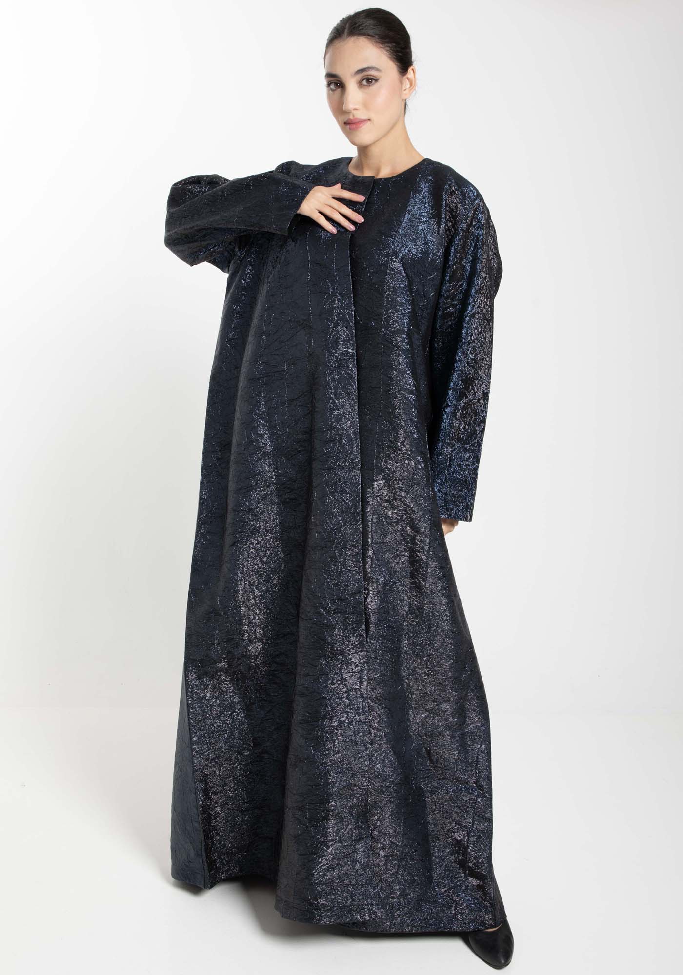 Front Open Black And Blue Shade Jacquard Abaya