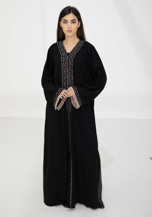 Black Nida Abaya with Contrast Threadwork & Plan Black Headscarf