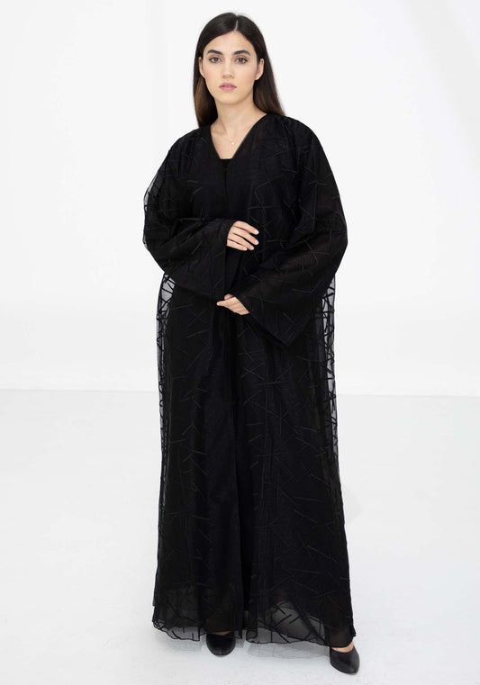 Black Organza Abaya with Sheer Self Embroidered Overlay