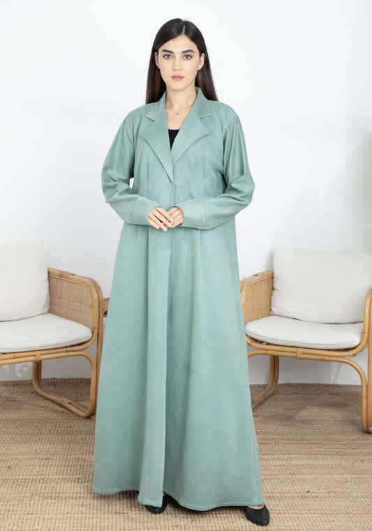 Green Suede Lapel Collar Abaya – Soft, Elegant, and Perfect for Winter