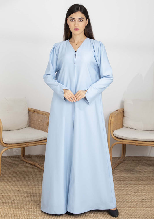 Sky Blue Barbie Crepe Abaya with Open Cuffs and Matching Fabric Buttons