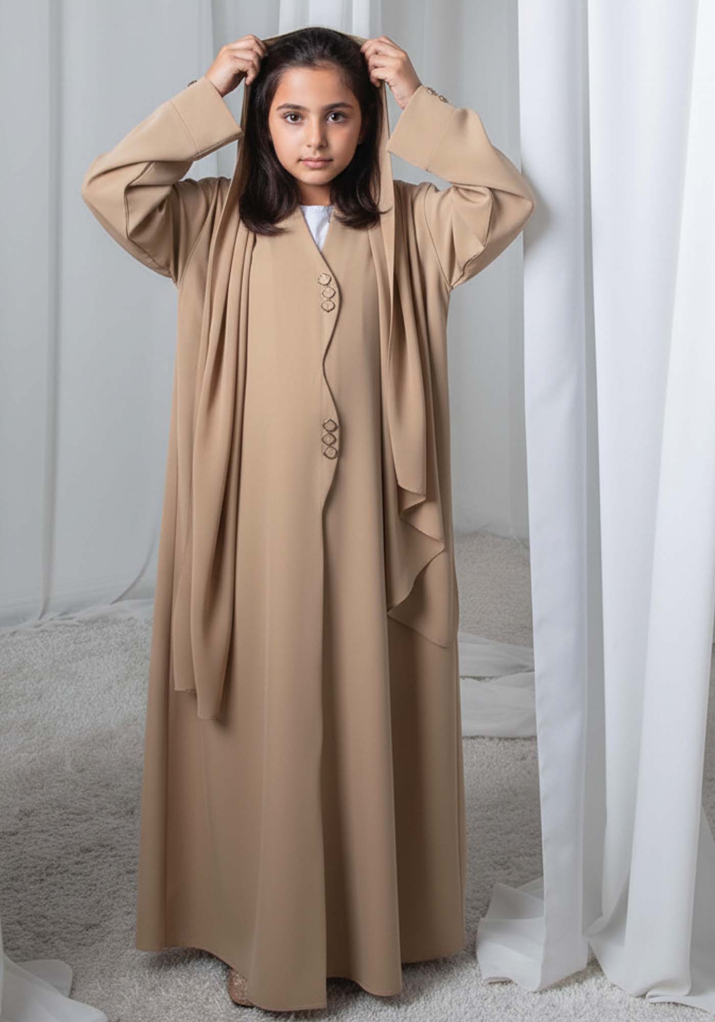 Kids Abaya With Sheila I Elegant Beige Barbie Crepe Modest Wear for Girls