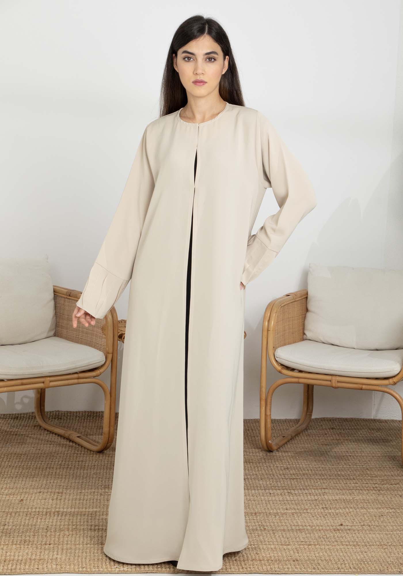 Beige Korean Nida Abaya with Frilled Cuffs