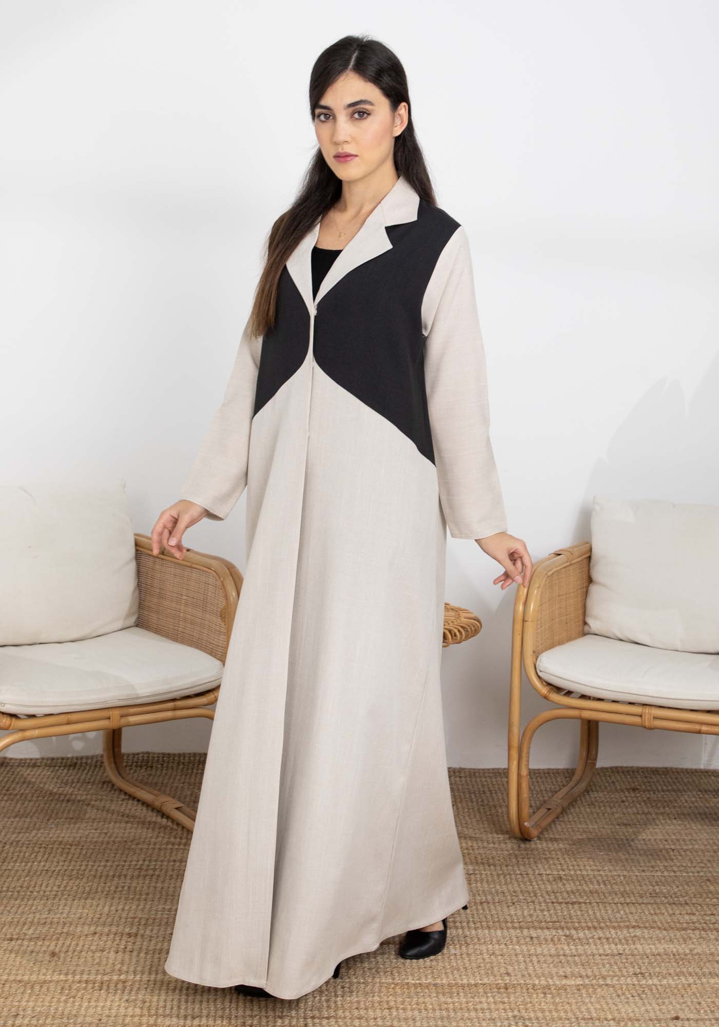 Beige and Black Color Block Lapel Abaya in Mélange Fabric