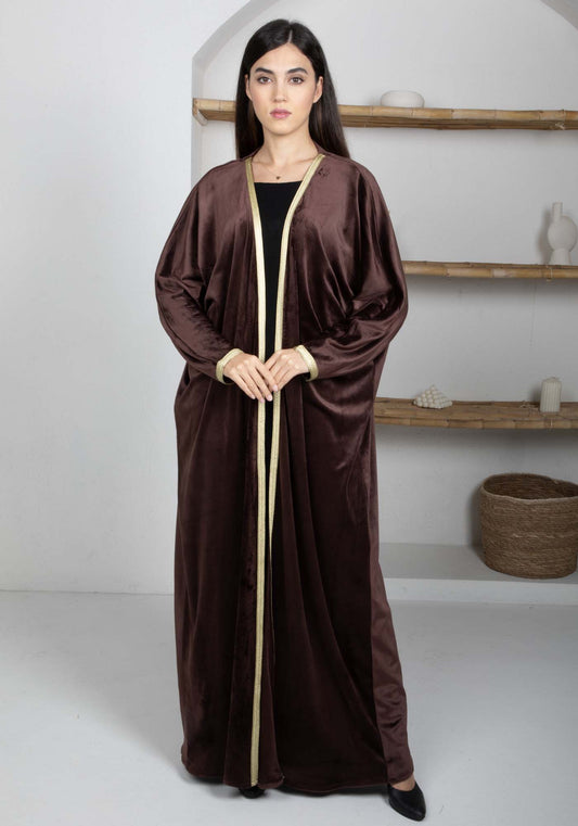 Brown Velvet Abaya with Golden Lace Borders & Matching Headscarf – Perfect for Winter