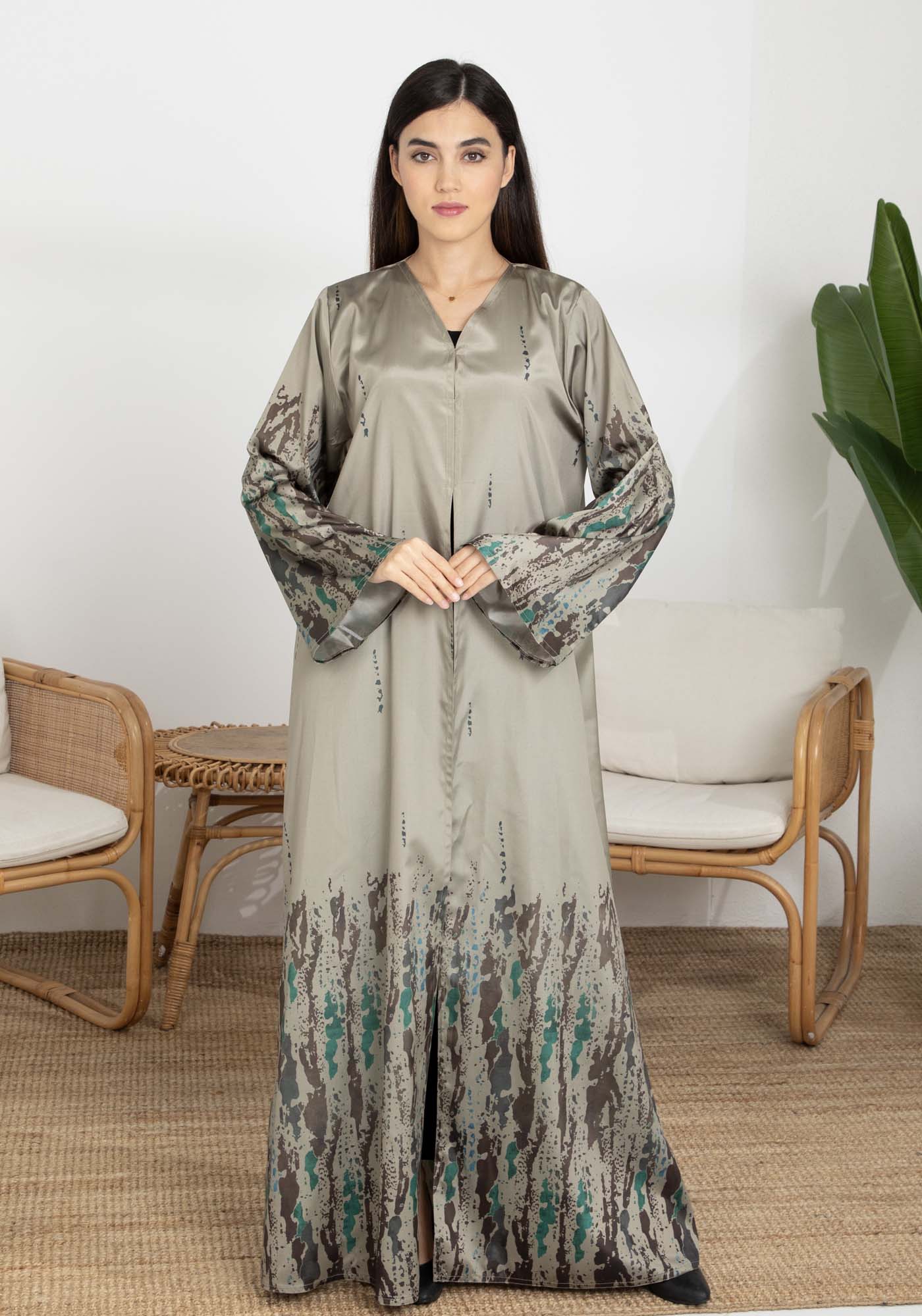 Brown Taffeta Printed Open Abaya – Effortless Elegance