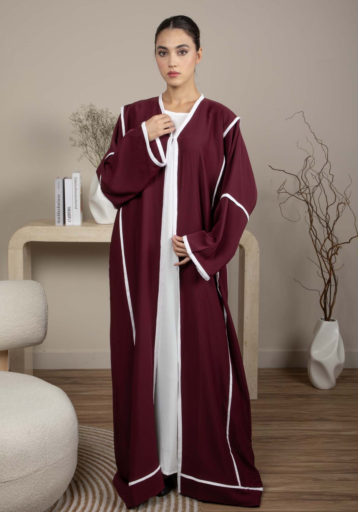 Elegant Front Open Maroon Nida Abaya with White Contrast Piping