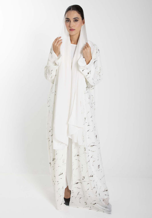 Minimalist Printed Chiffon White Abaya with Matching Headscarf