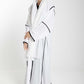 Elegant Front Open White Nida Abaya with Black Contrast Piping