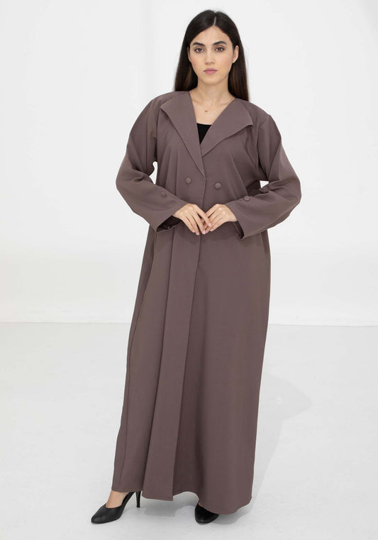 Brown Barbie Crepe Abaya with Lapel Collar and Button Detailing