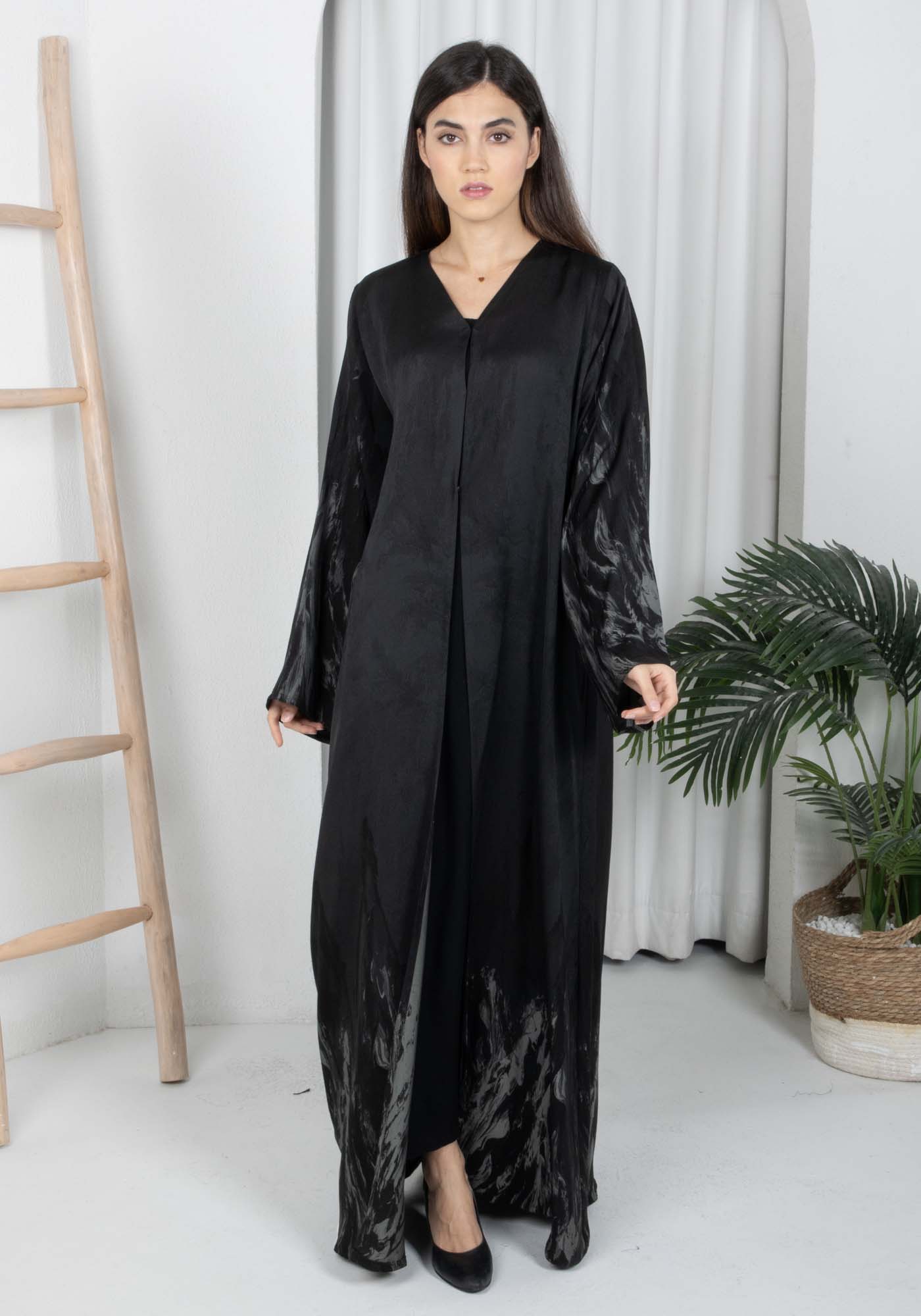 Black Self-Print Abaya with Sheila