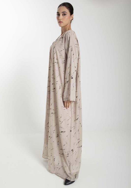 Minimalist Printed Chiffon Beige Abaya with Matching Headscarf