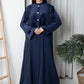 Navy Round Neck Nida and Velvet Abaya with Front Button Detailing