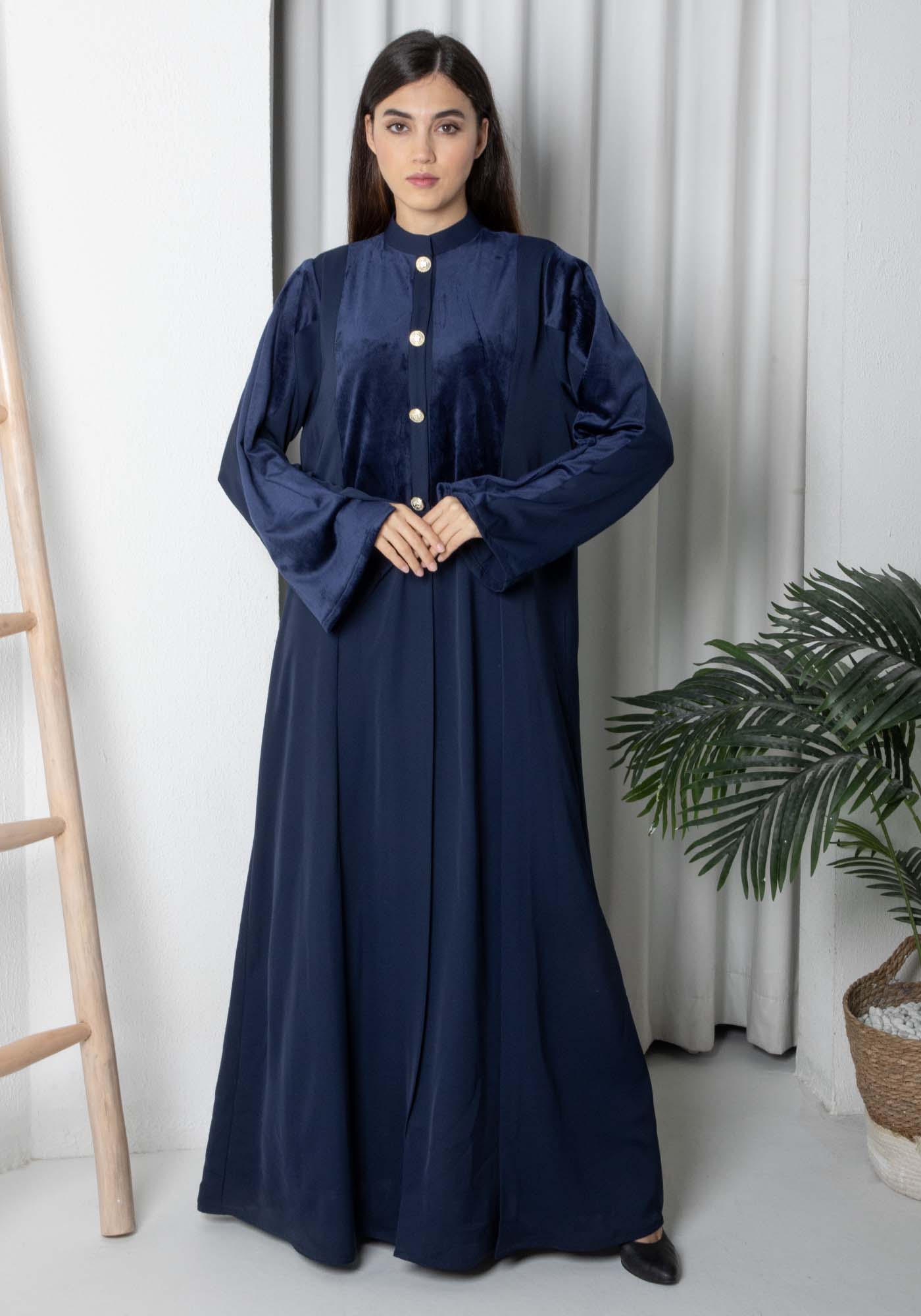 Navy Round Neck Nida and Velvet Abaya with Front Button Detailing