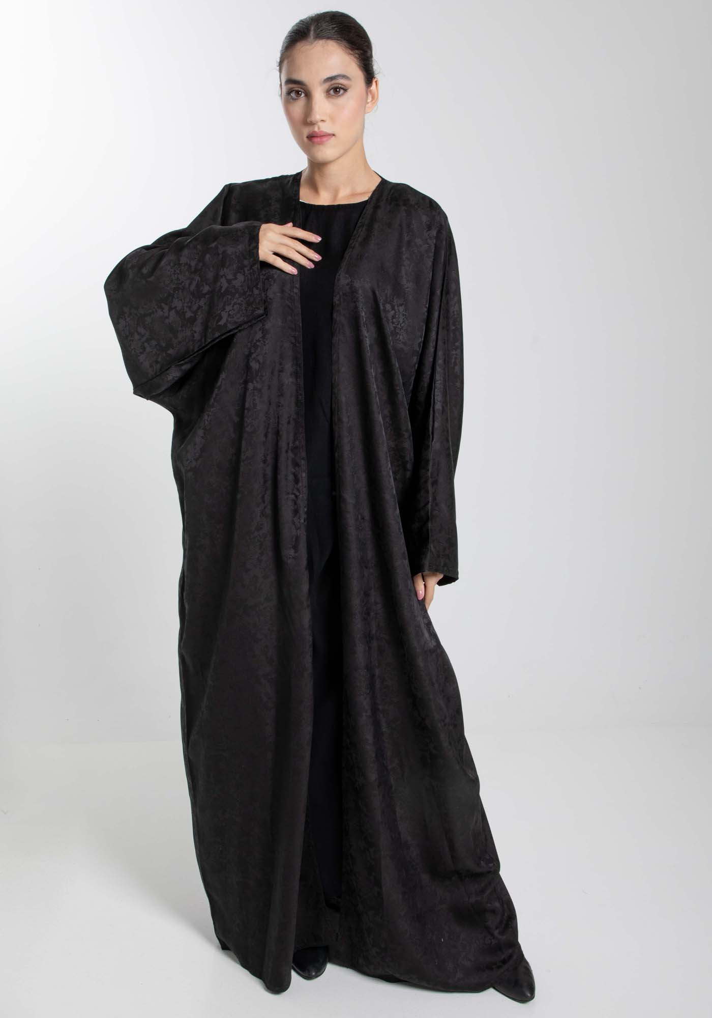 Front Open Black Fukhroo Self Design Abaya