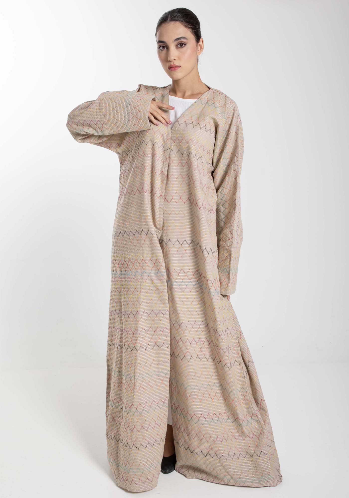 Front Open  Multicolor Thread Linen Beige Abaya