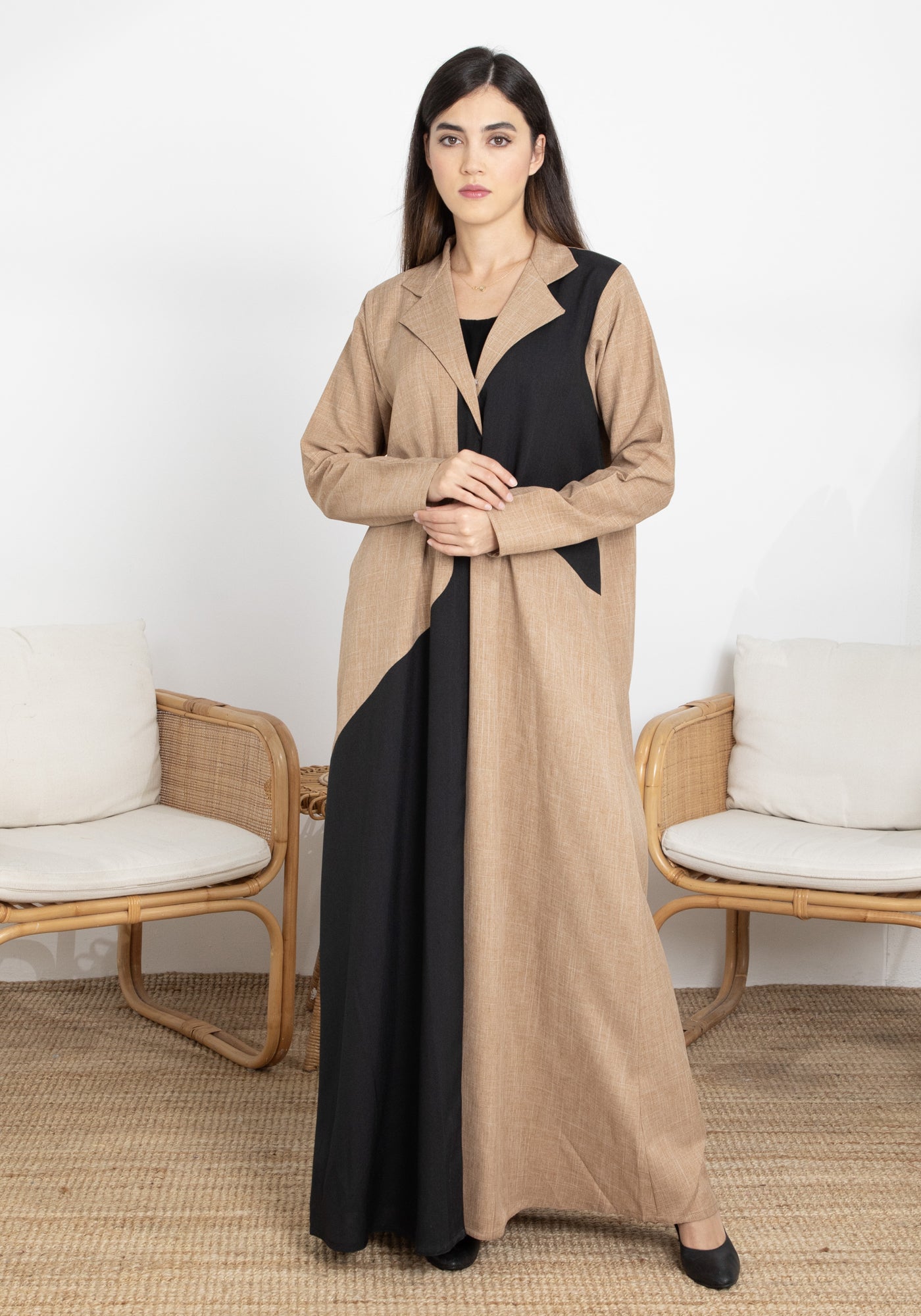 Brown and Black Color Block Lapel Abaya in Mélange Fabric