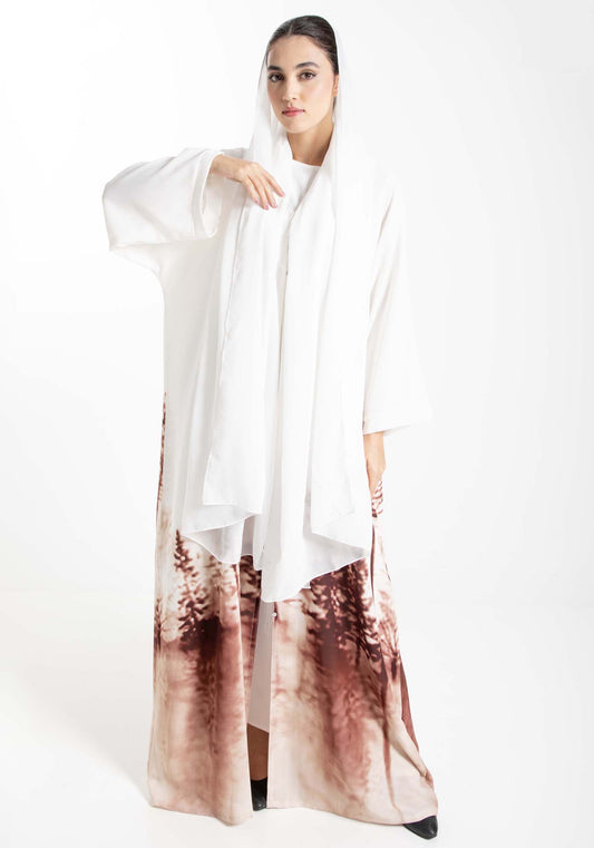 Self-Printed Abaya in White and Brown with Tree Shades