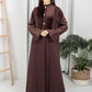 Brown Round Neck Nida and Velvet Abaya with Front Button Detailing